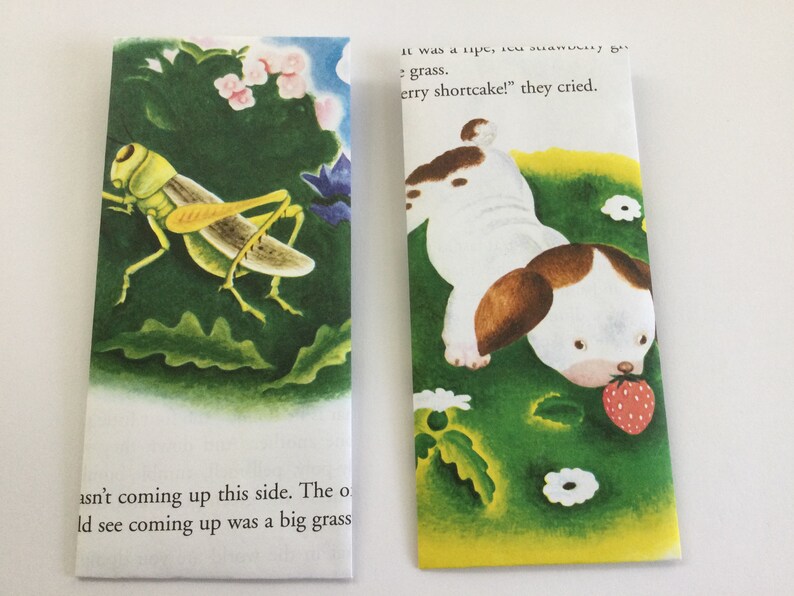 May include: Two vintage book pages with illustrations. One shows a grasshopper in a green field with flowers. The other depicts a puppy eating a strawberry in a grassy area. Text fragments are visible.