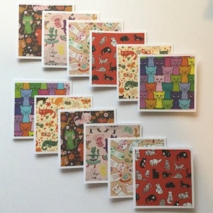 Cat mini notecard set, handmade cards, pet thank you cards, blank cards, gift tag, lunch notes shop notes, set of 12, 7 x 7cm