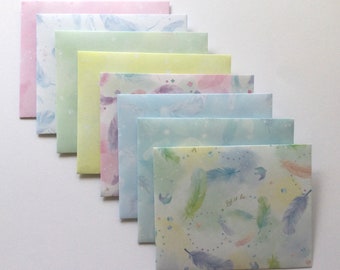 Feather envelopes, pastel stationery, girl envelopes, snail mail, penpal, set of 8