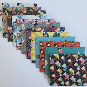 Japanese doll envelopes, geisha envelope, geisha stationery, snail mail, happy mail, handmade small envelopes, set of 12, chiyogami pattern