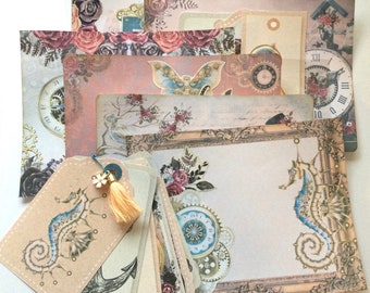 Steampunk junk journal card supply, large journal card bundle, tag flip, unique handmade gift, happy mail, penpal gift idea, ready to ship