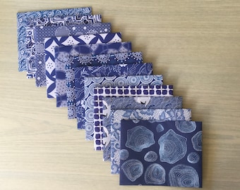 Blue envelopes, small envelopes with cards, blue theme snail mail, happy mail, handmade, set of 12, patterned