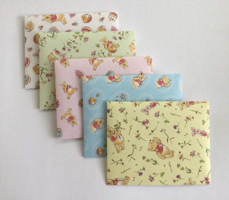 Pooh envelopes, baby shower envelope set, animal snail mail, planner accessories, stationery, gift idea, set of 5 image 1