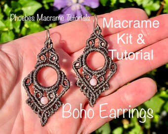 Boho Earrings MACRAME KIT With Hypoallergenic Niobium Ear Wires - Step By Step How To Make YouTube Video Tutorial - Choose Cord Colour & Gem