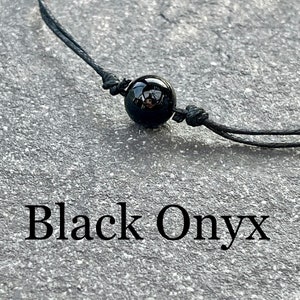 Black Onyx Crystal Ball Choker Necklace - Adjustable Black OR Brown Waxed Cotton Cord Gemstone Necklace - Boho - Hippy - Festival Jewellery