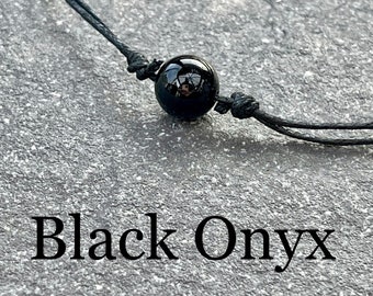 Black Onyx Crystal Ball Choker Necklace - Adjustable Black OR Brown Waxed Cotton Cord Gemstone Necklace - Boho - Hippy - Festival Jewellery