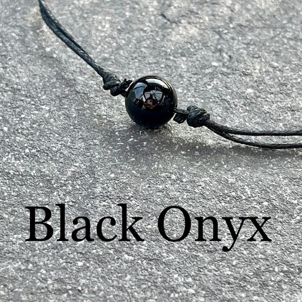 Black Onyx Crystal Ball Choker Necklace - Adjustable Black OR Brown Waxed Cotton Cord Gemstone Necklace - Boho - Hippy - Festival Jewellery