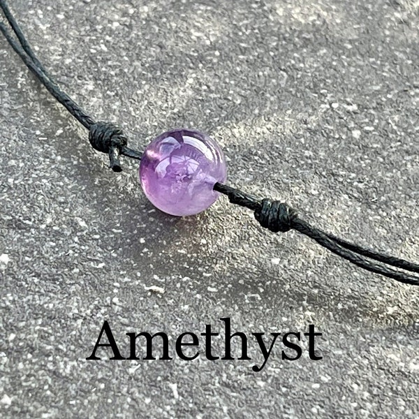 Amethyst Crystal Ball Choker Necklace - Adjustable Waxed Cotton Cord Gemstone Necklace - Metal Free - Hypoallergenic - Vegan - Boho - Hippy
