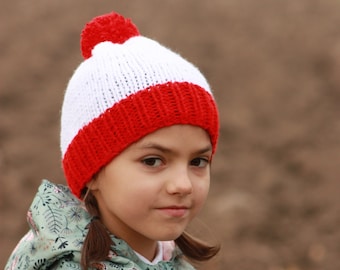 Where's Waldo Inspired Hat, Where's Wally Hat, Girls Hat, Kids Hat, Children Beanie, Pom Pom Hat, Red and White