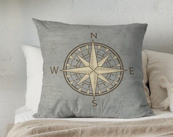 Gray Compass Throw Pillow - Rustic Coastal Decor - Double Sided Accent Cushion