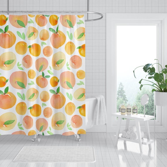 peach shower curtain and bath mat