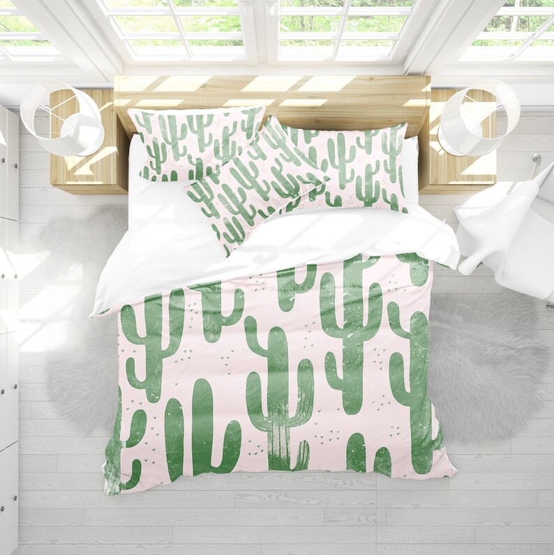 Cactus Bedding Set White Duvet Cover Pillowcases Queen King Pillow Shams