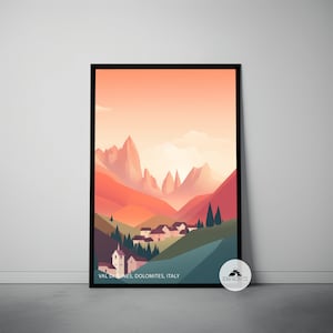 Val Di Funes Poster Print, Italian Dolomites Art, Mid Century Retro Print, Minimalist Abstract Art, Santa Maddalena Village, Dolomiti Print