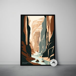 Cartel de viaje abstracto del Parque Nacional Zion, cartel de viaje de mediados de siglo, impresión minimalista del parque nacional retro, arte del cartel abstracto de The Narrows