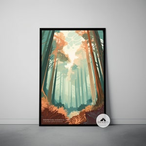 Redwood Travel Poster, Abstract Lady Bird Johnson Grove Art, Mid Century Retro Travel Print, Minimalist Abstract Art, National Park Print