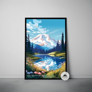 Mount Rainier National Park Travel Poster, Tolmie Peak Trail Mid Century Minimalist Travel Poster Print, National Park Abstract Print Art