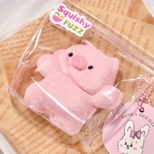 以下が含まれることがあります： 白い背景の透明なビニール袋に入ったピンクの豚の形をしたスクイッシュ玩具。袋には「Squishy Fuzz」と書かれた小さなタグと、漫画のウサギが描かれた「Have a Nice Day」と書かれたチャームが付いています。