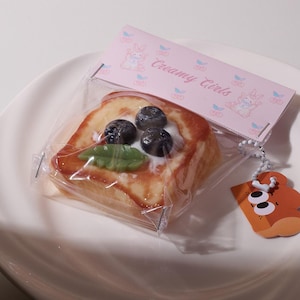 Può includere: Un piccolo sacchetto di plastica trasparente contenente un unico dolce quadrato ricoperto di mirtilli e una foglia verde. Il sacchetto è etichettato "Creamy Girls" e presenta un motivo rosa e bianco. Un piccolo cartellino arancione con un viso di cartone animato è attaccato al sacchetto.