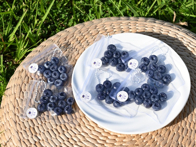 May include: Four clear plastic bags filled with dark blue blueberry-shaped charms. The bags are on a white plate with a woven straw mat underneath.