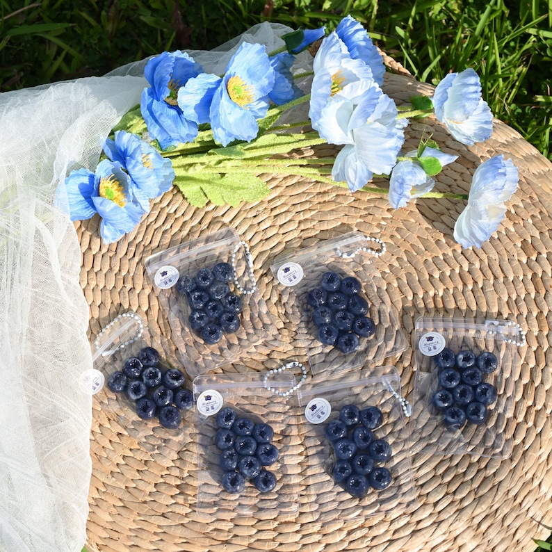 May include: Six small clear plastic bags with blue zipper closures contain small blue plastic blueberries. The bags are arranged in a circle on a woven straw mat.  Blue flowers are scattered around the mat.