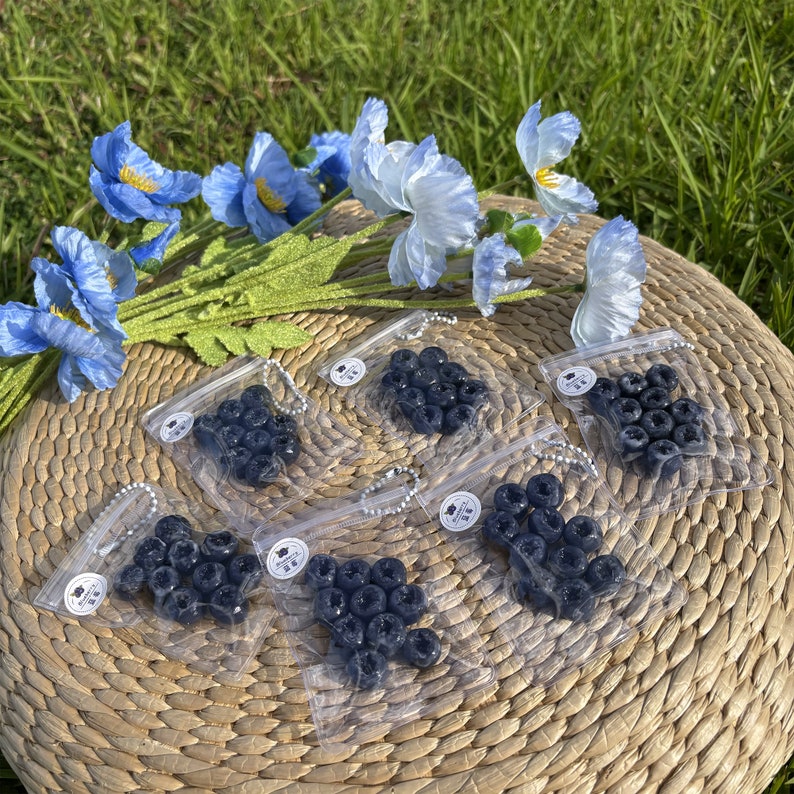 May include: Six clear plastic bags with blue and black blueberry charms inside. The bags are on a woven straw mat with blue flowers in the background.
