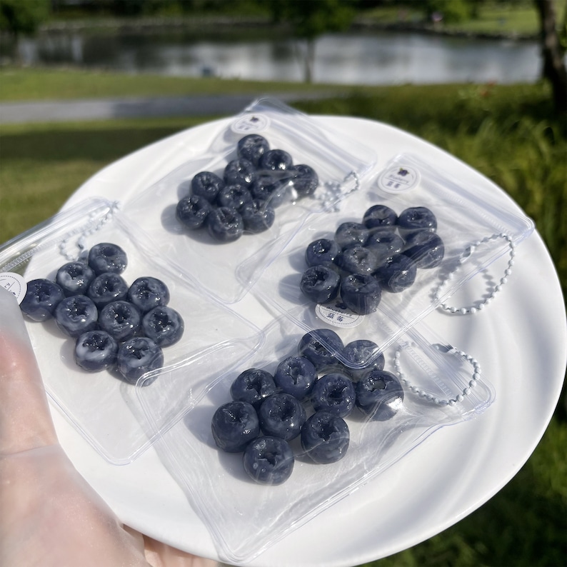 May include: Four clear plastic bags with zipper closures containing clusters of dark blue blueberry-shaped resin charms. The bags are arranged on a white plate.