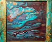 original fine art mixed media abstract painting in Turquoise and gold