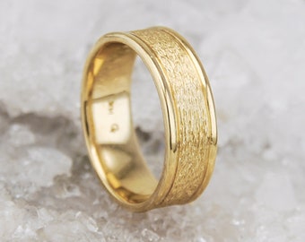 Naturally Textured 7mm Solid 14k Yellow Gold Band with High Polish Rails | Mens Rings | Modern Wedding Band | Classic Mens Jewelry | Unique