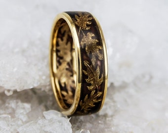 A 6.5mm Oak Leaf Enamel Ring in 14k Solid Yellow Gold | Plants & Trees Jewelry | Nature Inspired Jewelry | Mens Bands | Stackable Rings