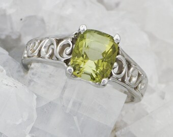 Green Tourmaline Scroll Ring | Simple Stackable Rings | Solid 14k White Gold | Natural Gemstone Jewelry | Fine Jewelry | Solitaire Rings