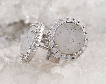 Druzy Quartz Studs with a Halo of Lab Diamonds in 14k Filled White Gold, Disk Earrings, Circle Studs, Natural Gemstone Unique Bridal Jewelry
