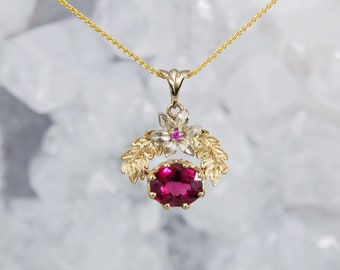 Red/Pink Rubellite Tourmaline Pendant in Solid 14k Yellow Gold, Oak Leaf, Natural Gemstone Necklace, Oval, Nature and Plants, Handcrafted