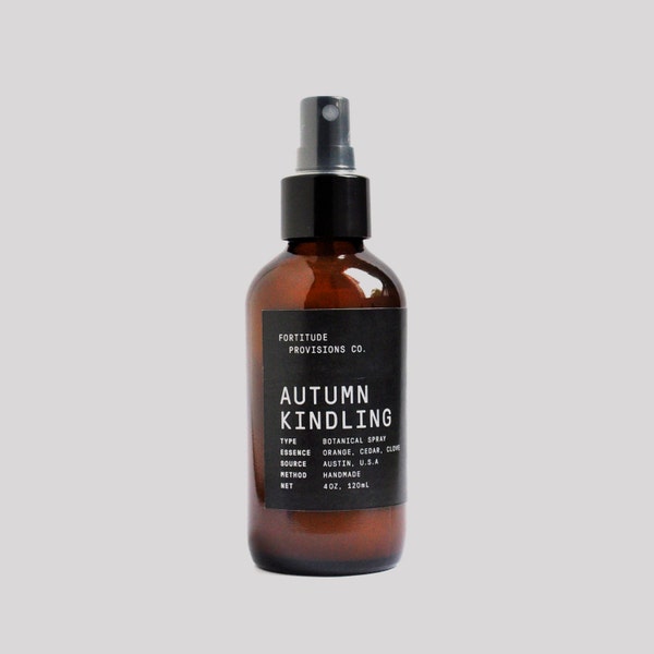 Autumn Kindling – Botanical home fragrance. Cedarwood, orange, clove, patchouli, palo santo. Air freshener, handmade in Austin.