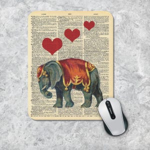 Dictionary Art Mousepad, Elephant Mouse Pad, Hearts Mouse Mat, Custom Mousepad,  Book Art Mousepad,  Vintage Mousepad,  Dictionary Page Art