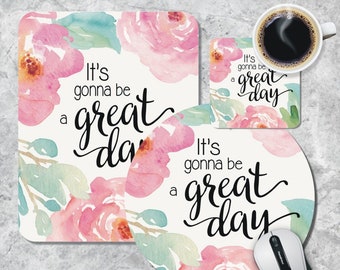 Quote Mousepad Coaster Set, Great Day Mousepad, Mouse Pad Coasters, Inspirational Quote Mousepad, Floral Watercolor Mousepad, Office Decor