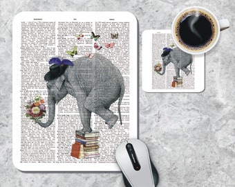 Dictionary Art Mousepad, Coaster Set, Elephant Mouse Pad, Floral Mouse Mat, Elephant Coaster, Butterfly Mouse Pad, Dictionary Page Coaster