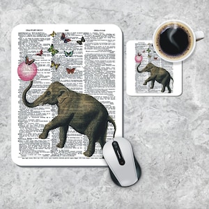 Dictionary Art Mousepad, Dictionary Coaster Set, Elephant Mouse Pad, Book Page Mouse Mat, Elephant Coaster Set, Dictionary Page Art, Coaster