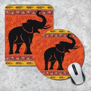 Elephant Silhouette Mousepad, Orange Background Pad, Oriental Mouse Mat, Custom Mousepad, Round Mousepad, Animal Mouse Pad, Wooden Mouse Pad