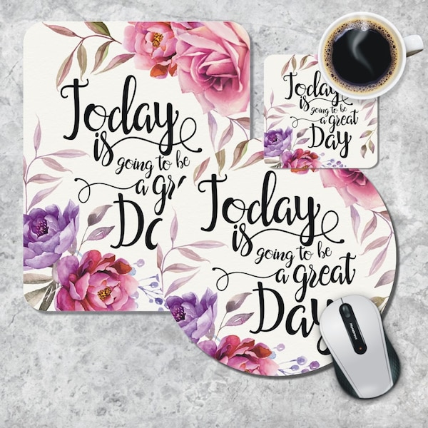 Quote Mousepad Coaster, Great Day Mousepad, Mouse Pad Coaster Set, Inspirational Quote Mousepad, Floral Watercolor Coasters, Quote Coasters