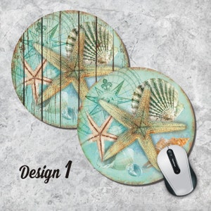 Starfish Mousepad, Seashell Mouse Pad, Nautilus Mouse Pad, Sealife, Vintage Mousepad, Round Pad, Office Decor, Desk Accessorry, Four Designs