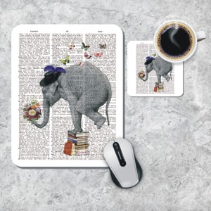 Dictionary Art Mousepad, Coaster Set, Elephant Mouse Pad, Floral Mouse Mat, Elephant Coaster, Butterfly Mouse Pad, Dictionary Page Coaster image 1