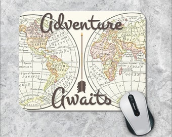 Quote Mouse Pad, World Map Mousepad, Adventure Mousepad, Vintage Mouse Mat, Custom Mousepad,  Vintage World, Art Mouse Pad, Adventure Awaits