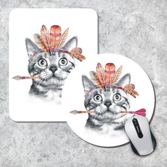 Tribal Cat Mousepad, Feather Mouse Pad, BOHO Cat Mousepad, Watercolor Mouse Mat, Animal Mousepad, Custom Mousepad, Round Mousepad, Arrow Pad