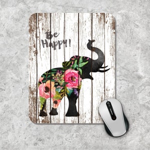 Quote Mousepad, Be Happy Mouse Pad, Watercolor Mouse Mat, Elephant Mousepad, Custom Mousepad, Floral Mouse Pad, Inspirational Quote Mousepad image 2