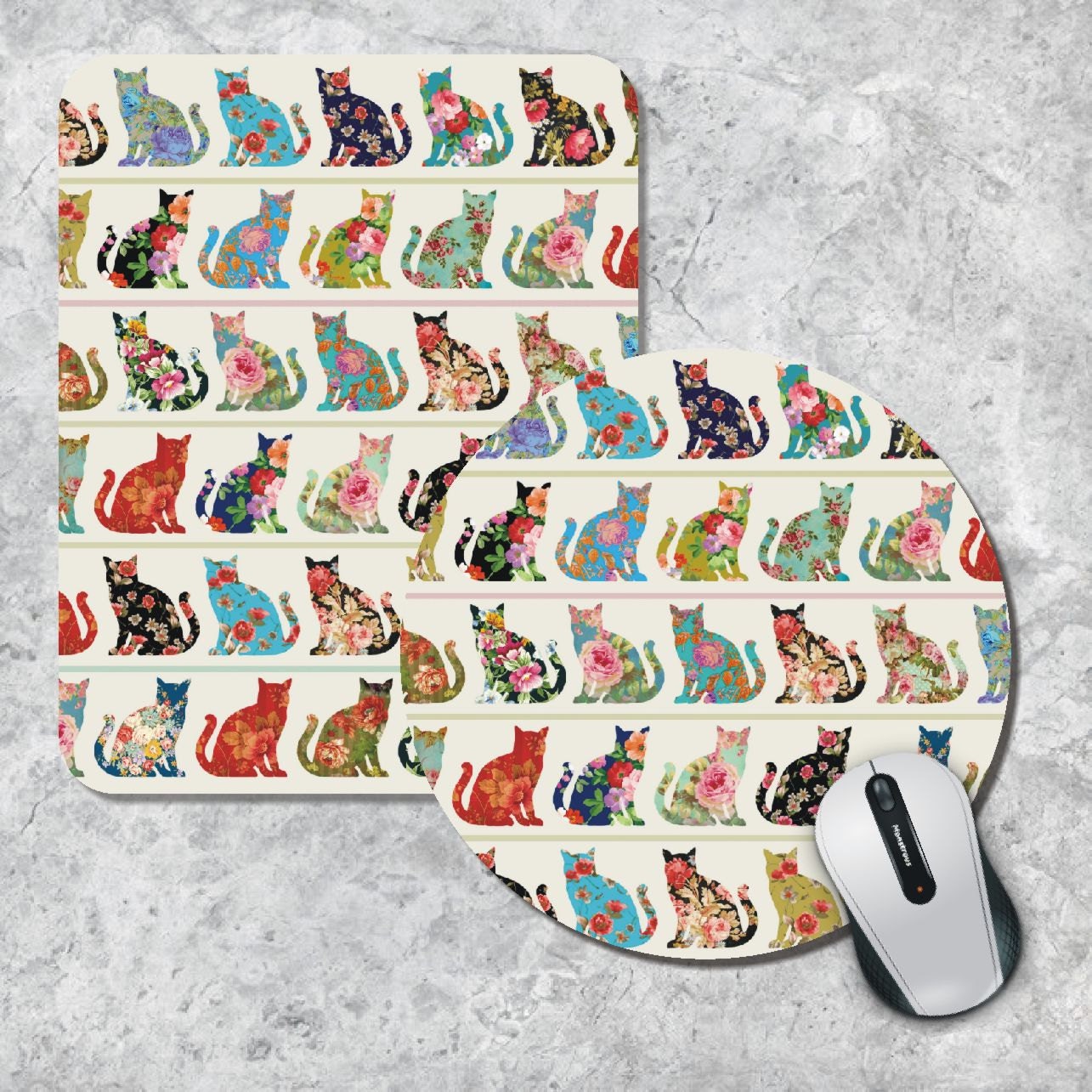 Cat Silhouette Mousepad, Floral Mouse Pad, Cat Pattern Mousepad, Watercolor Mouse Mat, Animal Mousepad, Custom Mousepad, Floral Cat Mousepad