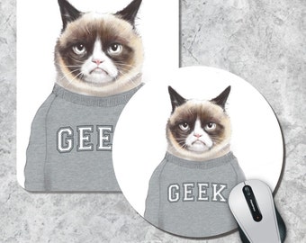 Grumpy Cat Mousepad, Geek Mouse Pad, Funny Mousepad, Animal Mousepad,  Watercolor Mouse Mat, Round Mousepad, Custom Mousepad, Funny Gift Pad