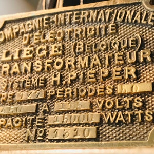 PEQUEÑA PLACA de BRONCE transformador eléctrico chapa para puerta Compaña Internacional de eléctricidad de Bélgica señal industrial