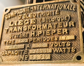 PEQUEÑA PLACA de BRONCE de transformador eléctrico chapa para puerta Compañia Internacional de eléctricidad de Bélgica señal industrial