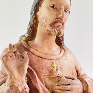 ANTIGUO BUSTO Sagrado Corazón de Jesús escultura de estuco con policromía Arte Sacro estatua religiosa figura española de sobremesa años 50