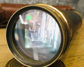 Antique NAVAL BRASS MONOCULAR old navy sailor telescope pirate prismatic with leather case